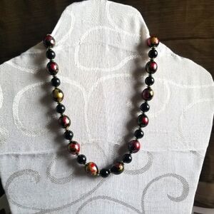 Multi Size Round Acrylic Bead Necklace With Black,Red & Gold Marbled Beads